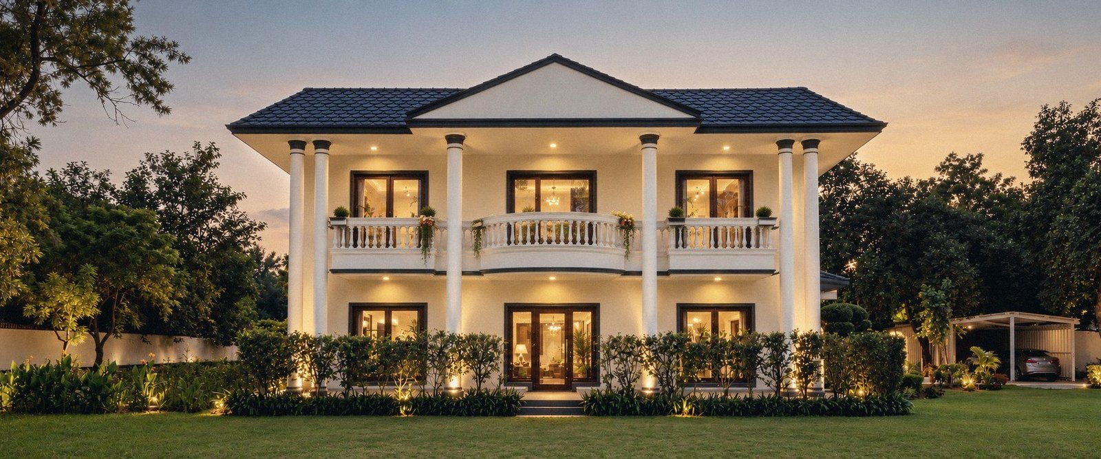 Colonial-style BMB residence at dusk