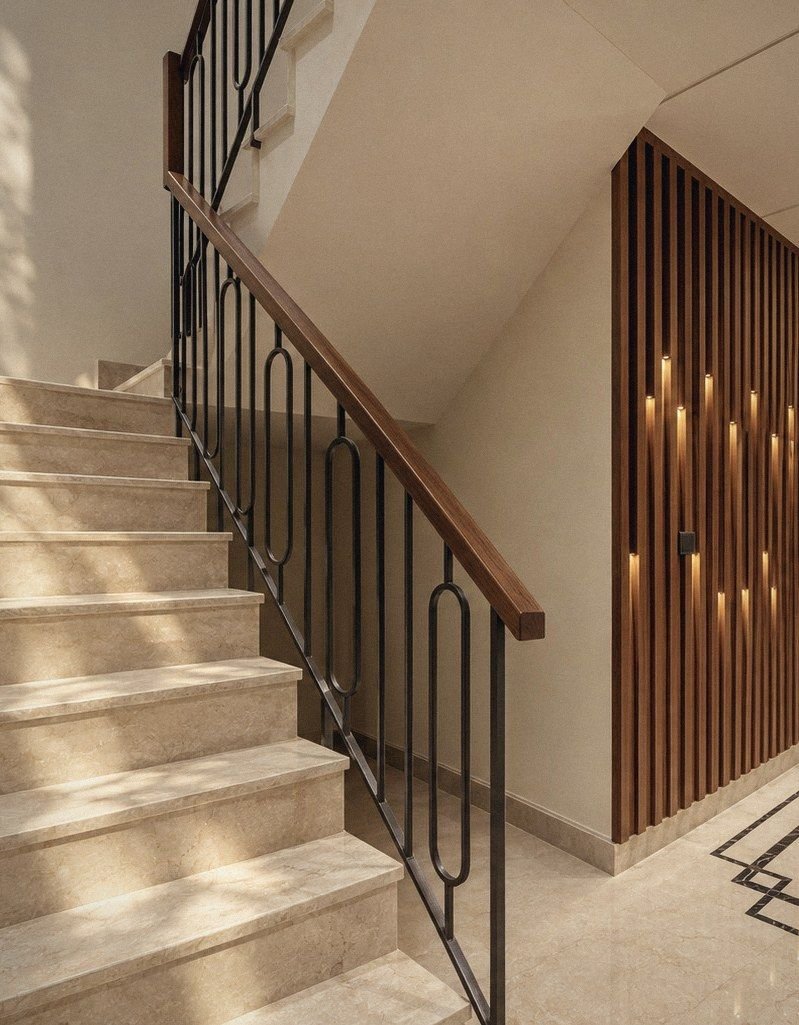 Marble staircase with a bronze balustrade and timber fins