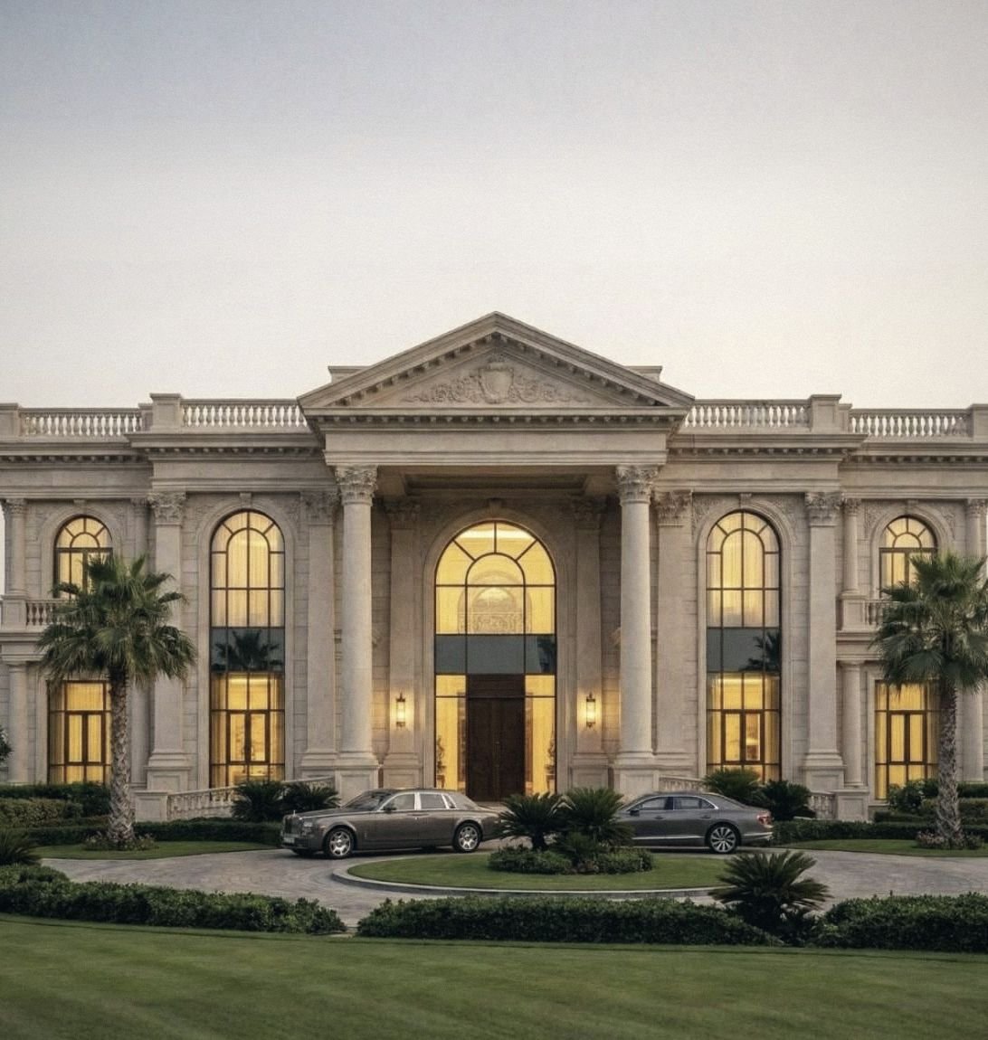 Neoclassical residence with arched, lit windows